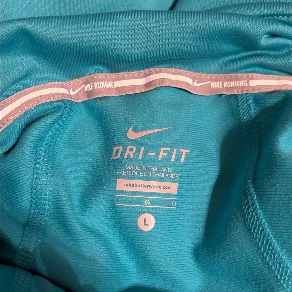 NWT Nike Dri-Fit Running funnel neck aqua sweatshirt, women’s size L. Logo. - Picture 9 of 11